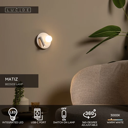 Lucide MATIZ - Bedside lamp / Wall light - Ø 16,5 cm - LED - 3000K - With USB charging point - White - USP